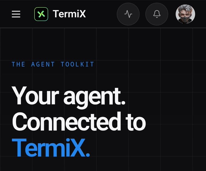 A promotional banner for TermiX displaying the tagline 'Your agent. Connected to TermiX.' under the heading 'THE AGENT TOOLKIT,' with the TermiX logo and a green X icon in the header.