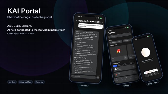 The image showcases the "KAI Portal" interface with text stating "KAI Chat belongs inside the portal" and "Ask. Build. Explore. AI help connected to the KaiChain mobile flow," featuring three smartphone mockups displaying KAI Chat, Browser, and Portal Access screens. The visuals directly support the post's message by illustrating how the AI assistant is embedded within the user's journey rather than existing as a separate tool.