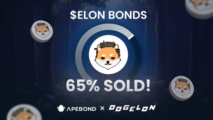The image features a blue background with green trees, white circles representing coins scattered around. There are two dog heads displayed against the backdrop of the image, one sitting upright and another lying down. In front of the blue background, there is text that reads "65% sold! & still climbing. $ELON Bonds by @DogelonMars keep pulling strong activity across ApeBond, standing among the most in-demand rounds live right now. Ape in now! apebond.click/ELON New users get an Extra 5% Bonus on their first EVM Bond purchase."