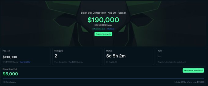 A Black Bull Competition banner shows $190,000 in prize pool (0.1% $ANSEM Supply) starting August 20, with 2 participants, 6 days 5 hours 2 minutes until start, and a $5,000 referral bonus available. The image relates to the post by promoting BullpenFi's PNL trading competition with X account connection and wallet funding required for entry.