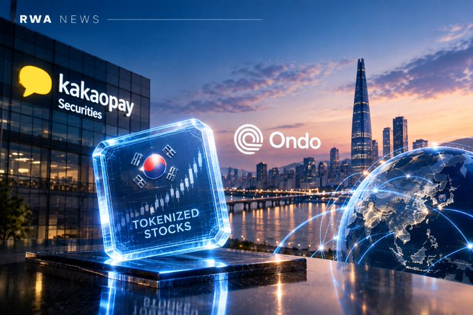 A news graphic titled 'RWA NEWS' featuring logos for Kakaopay Securities and Ondo, with a glowing blue 'TOKENIZED STOCKS' cube displaying the South Korean flag and a candlestick chart, set against a city skyline at dusk.