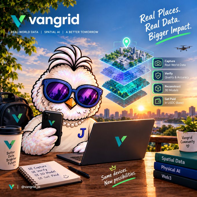 A colorful promotional poster for 'vangrid' featuring a white owl mascot with purple sunglasses using a smartphone and laptop, advertising 'Real Places. Real Data. Bigger Impact.' with features like Capture, Verify, and 3D Model.