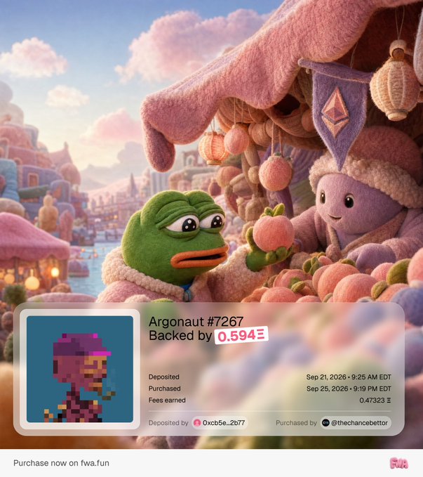 An advertisement for an NFT titled 'Argonaut #7267' showing a pixel art character on a card, with text indicating it was backed by '0.594Ξ', deposited on Sep 21, 2026, and purchased on Sep 25, 2026, set against a background of Pepe-like characters in a marketplace.