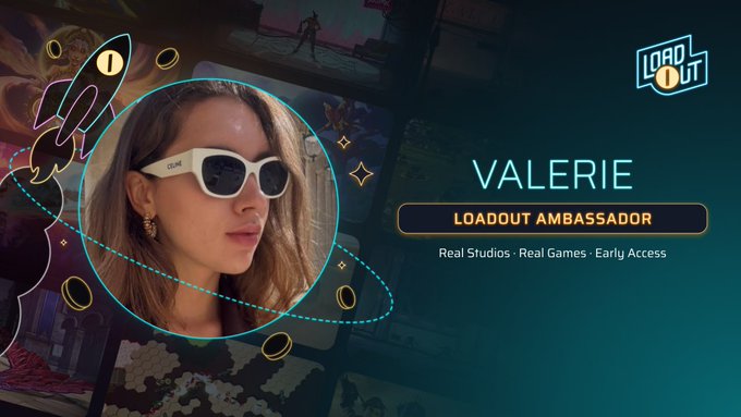 A profile card for 'VALERIE', a Loadout Ambassador, showing a woman in white sunglasses within a circular frame, with 'Real Studios · Real Games · Early Access' beneath the Loadout logo.