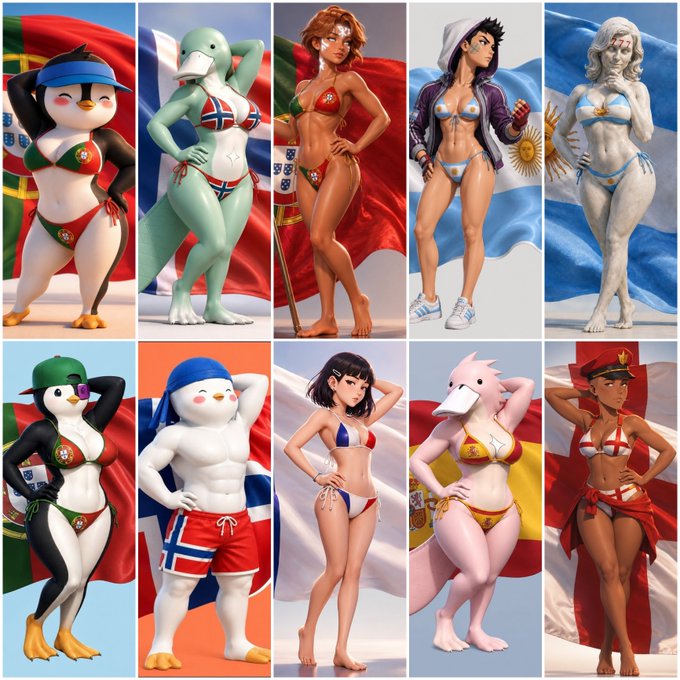 A grid of ten AI-generated characters styled as the 2022 World Cup mascot 'La'eeb' and others wearing swimsuits representing different national flags, including Portugal, Norway, and Argentina.