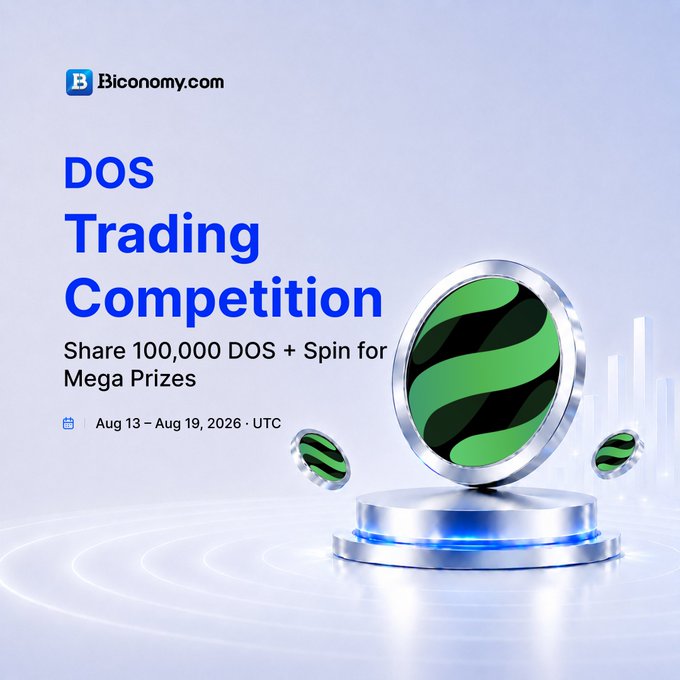 Promotional graphic for a 'DOS Trading Competition' by Biconomy.com, offering 100,000 DOS plus spin for mega prizes, scheduled for Aug 13 – Aug 19, 2026 UTC, featuring 3D rendered coins with the DOS logo.