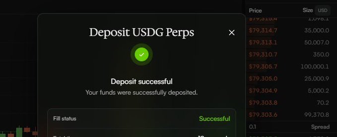 A cryptocurrency trading interface showing a 'Deposit USDG Perps' confirmation modal with a green checkmark and 'Deposit successful' message, alongside an order book displaying BTC prices around $79,300.