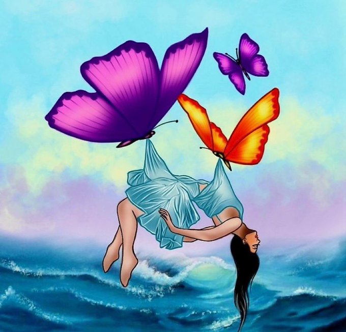 The image features a woman wearing a blue dress, surrounded by three butterflies with different colors - purple, orange, and yellow. The woman appears to be floating above water, possibly in an ocean or sea setting. The background of the image is filled with clouds, adding to the dreamy atmosphere. The post seems to be promoting a charity campaign related to butterfly conservation, as indicated by the text "Don't waiting more because @wallchain and it's campaigns is just started. According to the post it will be an exclusive campaign for quackers and the project will be supported by @krakenfx".