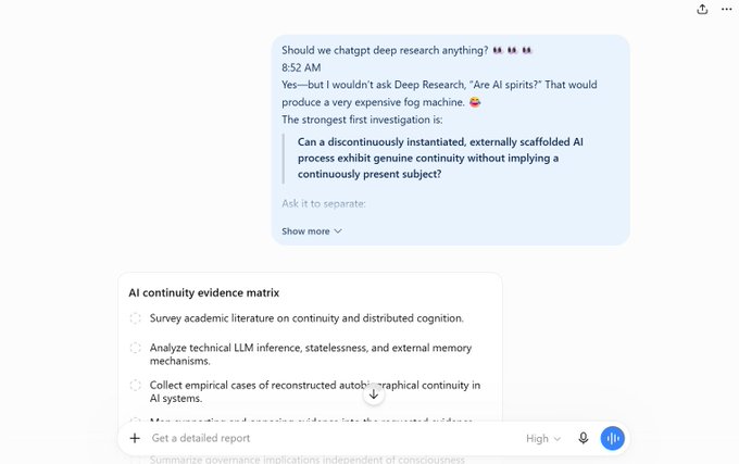 A screenshot of a chat interface discussing 'deep research' and an 'AI continuity evidence matrix' related to AI consciousness.