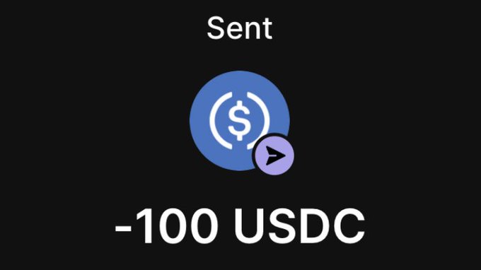 The image shows a transaction confirmation screen indicating "Sent -100 USDC," featuring a blue USDC logo with a paper airplane send icon. This relates to the accompanying giveaway post by demonstrating a completed $100 USDC transfer, serving as proof of payment to legitimize the 100 USDT/USDC/SOL giveaway promotion.