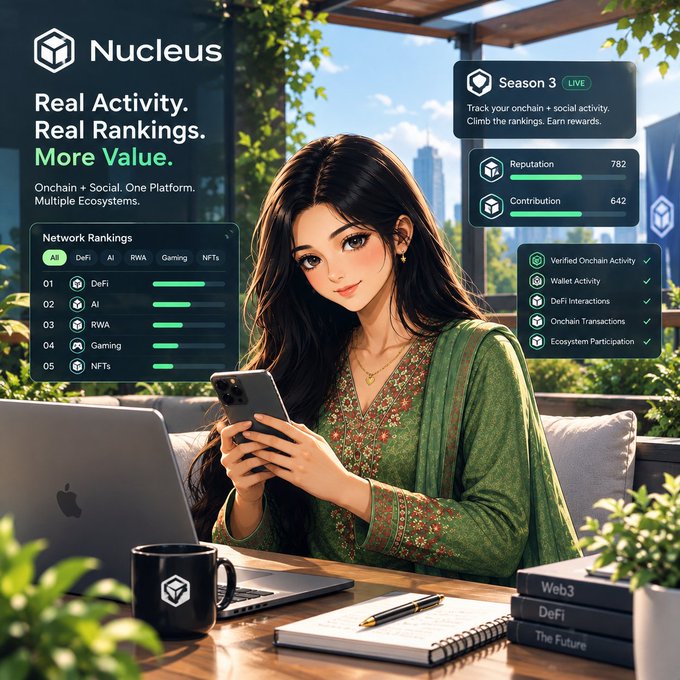 An anime-style promotional graphic for 'Nucleus' featuring a woman using a phone, advertising 'Real Activity. Real Rankings. More Value.' with network rankings for DeFi, AI, RWA, Gaming, and NFTs.