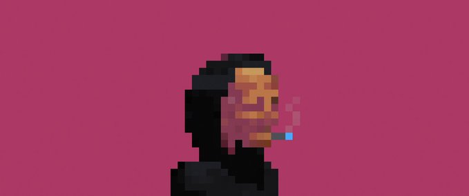 Pixel art of a hooded figure smoking a cigarette against a magenta background.