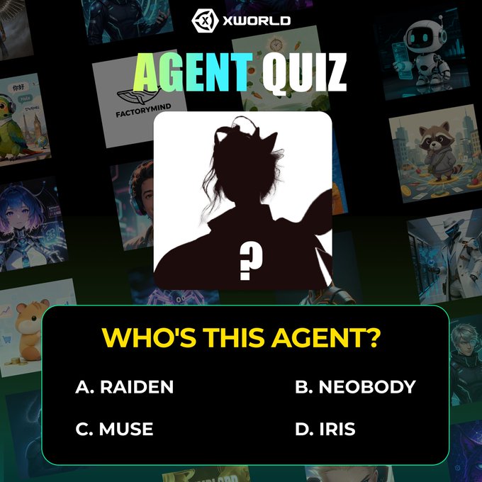 A stylized "Agent Quiz" promotional graphic from XWorld features a central silhouette of a cat-eared character with a question mark, set against a backdrop of various colorful Agent cards. The quiz asks "Who's This Agent?" with multiple-choice options: A. Raiden, B. Neobody, C. Muse, and D. Iris.
