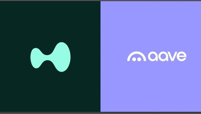Two side-by-side logos: on the left, a teal hourglass-shaped icon on a dark background, and on the right, the 'aave' logo with a stylized 'a' on a purple background.