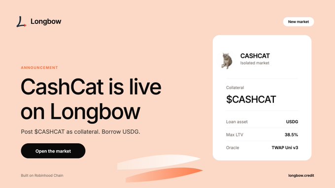 An announcement for 'CashCat is live on Longbow' on the Robinhood Chain, with a market card showing $CASHCAT as collateral, USDG as loan asset, 38.5% Max LTV, and TWAP Uni v3 oracle.