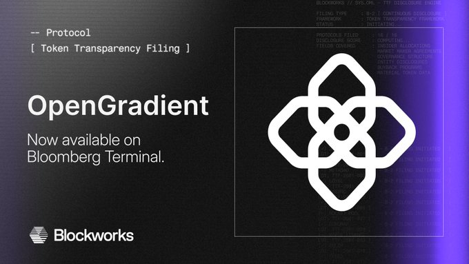 A dark promotional graphic with a purple and black gradient background announces "OpenGradient — Token Transparency Filing, Now available on Bloomberg Terminal," featuring the Blockworks logo at the bottom and the OpenGradient geometric logo on the right side. The right portion of the image shows a stylized digital terminal display, reinforcing the message that OpenGradient's standardized blockchain token disclosure filing is now accessible through Bloomberg's professional financial data platform.