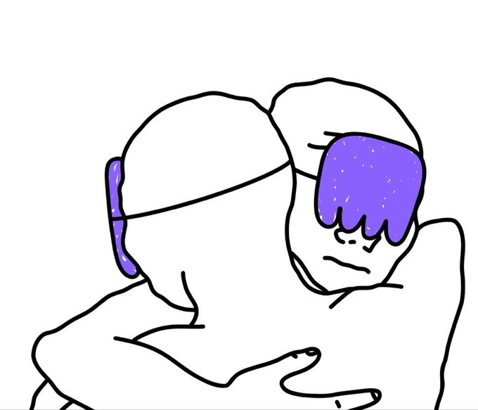A simple line drawing of two figures embracing, with one figure featuring a purple-shaded face and dripping details, while the other wears a white cap.