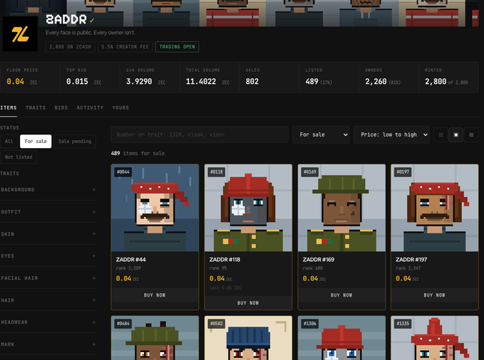 A screenshot of the ZADDR NFT marketplace on Zcash, displaying pixel-art character avatars for sale with prices around 0.04 ZEC, showing stats like floor price and 24h volume.