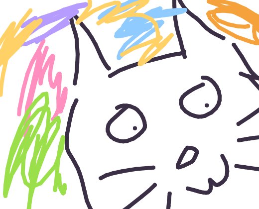 A child-like digital drawing of a face with two round eyes, a nose, and a smiling mouth, with colorful scribbled hair in purple, blue, yellow, orange, pink, and green.
