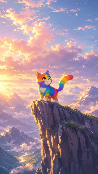 Illustration of a rainbow-colored cartoon cat standing on a rocky cliff edge against a backdrop of mountains and a colorful sunset sky.