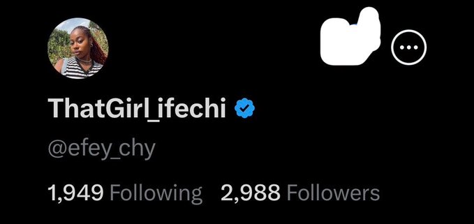 The image shows an X (formerly Twitter) profile for "ThatGirl_ifechi" (@efey_chy) with a blue verification checkmark, displaying 1,949 Following and 2,988 Followers. The post aligns with the user's goals of reaching 4k+ followers by month's end, as their current count of 2,988 shows they're on track to hit that milestone.