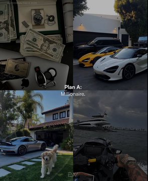A four-panel image labeled 'Plan A: Millionaire.' showing luxury items including US dollar bills, expensive watches, high-end sports cars (a white and a yellow Lamborghini), a mansion, a yacht, and a fluffy cat.