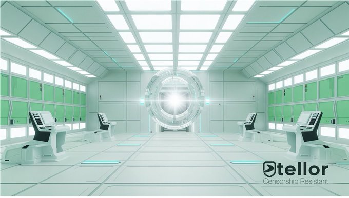 A futuristic sci-fi interior of a space-like room with white panels, green screens, control consoles, and a glowing circular portal, branded with the 'tellar Censorship Resistant' logo in the bottom right.