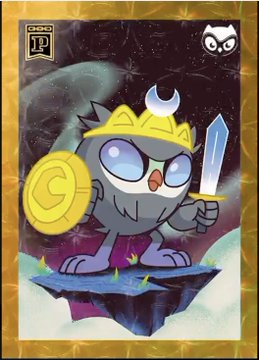 A digital trading card from Panini America features a cartoon owl warrior wearing a yellow crown, wielding a sword and shield on a floating platform, with the "IP" Panini logo and an owl icon visible. The card represents the user's 8th Moonbirds NFT, which has now been featured in the Panini America collectibles community, illustrating the crossover between NFT IP and mainstream trading card culture.