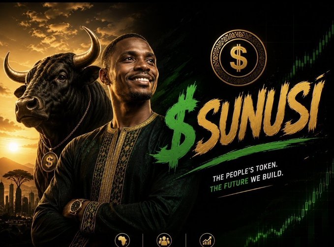 A smiling man in traditional African attire stands beside a black bull, with the bold text "$SUNUSI - THE PEOPLE'S TOKEN. THE FUTURE WE BUILD." displayed alongside a rising green chart, symbolizing bullish momentum for the African-themed cryptocurrency project.
