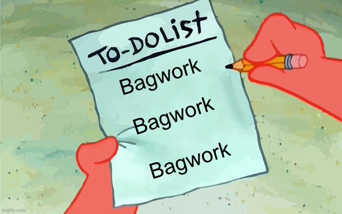 A cartoon image showing red hands writing on a 'TO-DO LIST' paper where the only three listed items are 'Bagwork', 'Bagwork', and 'Bagwork'.