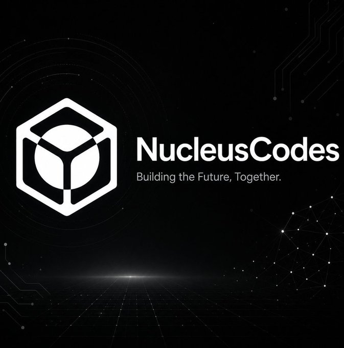 A black logo screen for "NucleusCodes" with the tagline "Building the Future, Together." alongside a hexagonal geometric icon and subtle tech-themed background graphics.