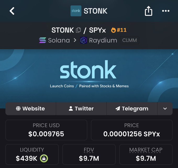 A screenshot of a cryptocurrency token page showing STONK paired with SPYx (#11) on Raydium CLMM, priced at $0.009765 USD with $439K liquidity and a $9.7M market cap. The image relates to the post by displaying a meme stock-inspired token (STONK/SPYx, referencing SPY ETF) where the commenter jokingly suggests a leveraged long position on a similarly absurdist ticker, $BUTTHOLE.