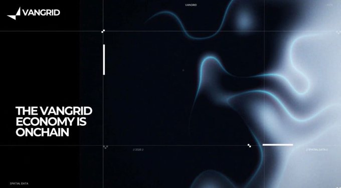A dark, digital-themed graphic displays the text 'THE VANGRID ECONOMY IS ONCHAIN' alongside abstract blue light waves and the VANGRID logo.