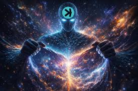 A cosmic, AI-themed illustration shows a glowing humanoid figure with a digital head marked by a play button symbol, tearing open a starry chest to reveal a brilliant burst of cosmic energy.