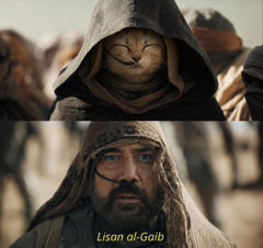 A meme comparing a cat in a hood to Captain Jack Sparrow, with the caption 'Lisan al-Gaib'.