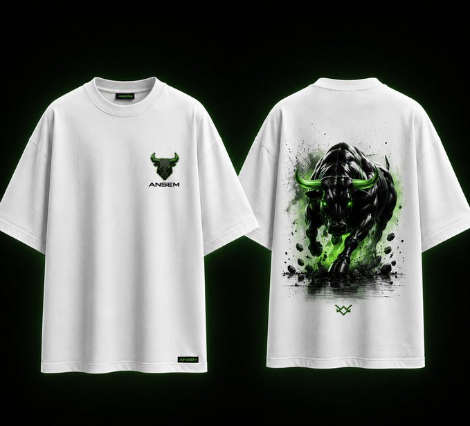 Product display of a white ANSEM-branded t-shirt featuring a small bull logo on the front chest and a large graphic of a charging black bull with green accents on the back.