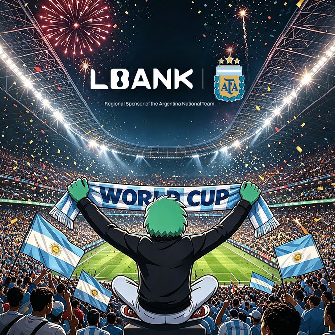 A cartoon fan holds a "WORLD CUP" scarf while cheering with Argentina flags in a stadium filled with confetti, with "LBANK | AFA — Regional Sponsor of the Argentina National Team" displayed at the top, promoting LBank's World Cup campaign celebrating Argentina's return to the tournament.