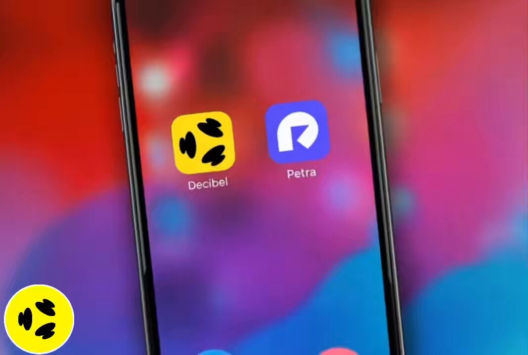 The image features a cell phone with various app icons, including an icon for "decibel" app and another "petra" app. The phones display the two app icons side by side, accompanied by a caption explaining that these are apps from companies named "decibel" and "petra".