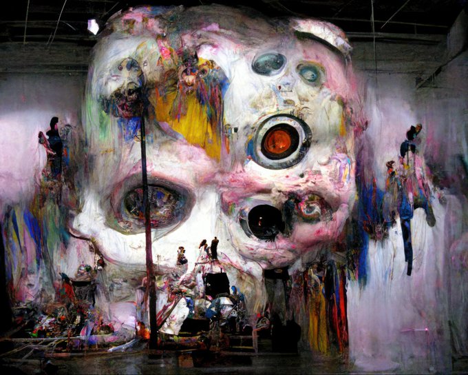 A large, abstract painting of a face with multiple eyes and an open mouth dominates a studio space, with smaller figures painted around it.