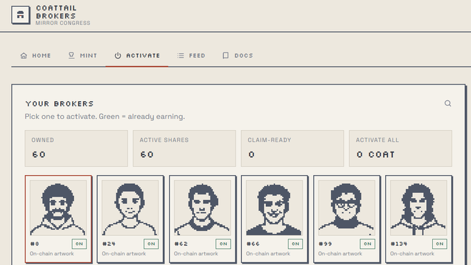 A screenshot of the "COATTAIL BROKERS MIRROR CONGRESS" interface shows a collection of pixel-art broker portraits under the "ACTIVATE" tab, with statistics like "OWNED 80" and "ACTIVE SHARES 60."