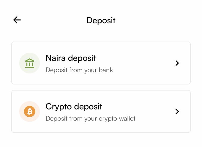 A mobile app deposit screen showing two options: 'Naira deposit' from bank and 'Crypto deposit' from crypto wallet.