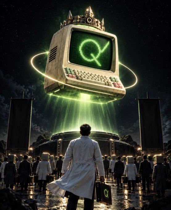 A scientist in a white coat stands before a massive crowd, gazing up at a glowing retro computer crowned with a regal helmet, its screen displaying the "$Q" symbol as an otherworldly green light beams down. The image evokes the "under the radar, gem to watch" narrative of the post, framing $QSTRAT as a hidden technological treasure ascending toward its $100M throne.