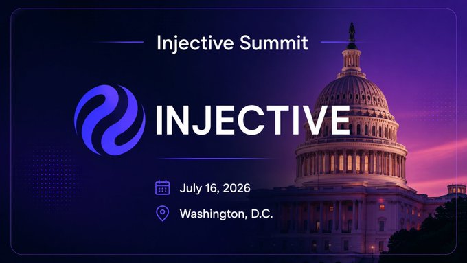 A promotional graphic for the 'Injective Summit' featuring the Injective logo, with an image of the U.S. Capitol building, dated July 16, 2026, in Washington, D.C.