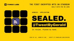 A bright yellow graphic from Funds Lab announces the first encrypted bets on Ethereum via TweetByGerald, teasing a review of something 'sealed' with a pixel-art duck and a grid of black squares.
