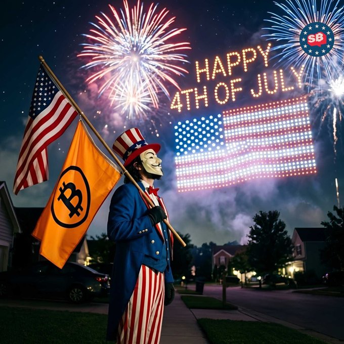 A masked figure in an Uncle Sam-style red, white, and blue outfit stands in a suburban neighborhood holding an American flag and a Bitcoin flag, with fireworks and a 'HAPPY 4TH OF JULY' light display behind them. An 'SB' logo is in the corner.