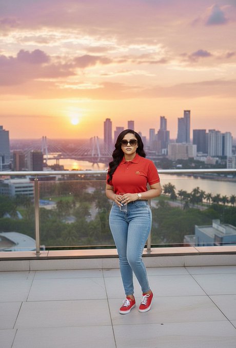 A woman in a red McDonald's polo shirt, blue jeans, and red sneakers poses on a rooftop terrace overlooking a city skyline and river at sunset.