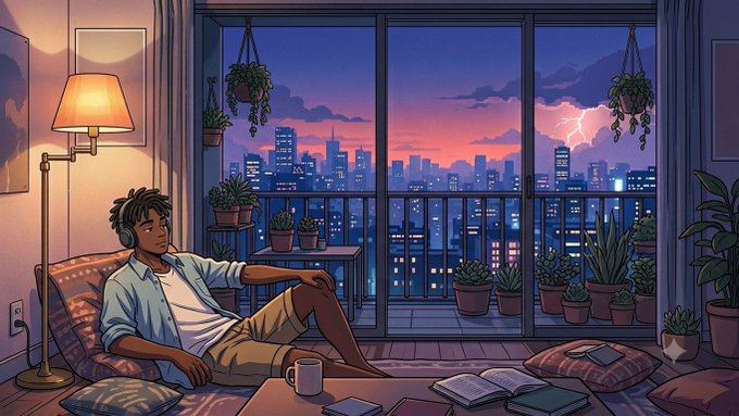 A stylized digital illustration of a young man with headphones reclining on cushions by a large window overlooking a city skyline at sunset, surrounded by potted plants, a lamp, and an open book.