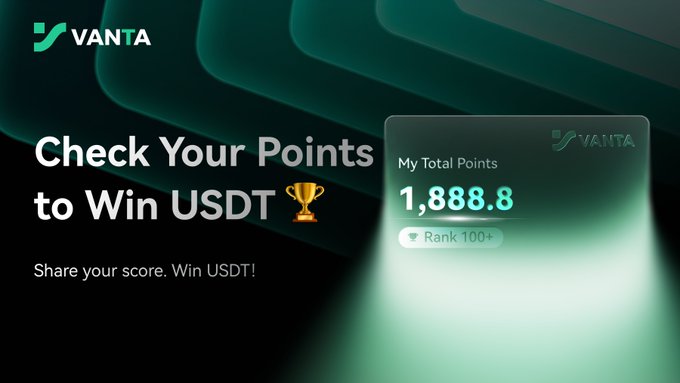 The image shows a Vanta promotional banner displaying a points scorecard with "1,888.8" total points and "Rank 100+," alongside the text "Check Your Points to Win USDT" encouraging users to share their scores for USDT rewards. It ties to the post by showcasing the type of PnL-style card users are invited to share to qualify for the Altcoin Momentum PnL Spotlight's 200 USDT prize pool.