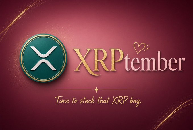 A deep red graphic featuring the teal and gold XRP logo alongside the playful wordmark "XRPtember," with a heart drawn above it and the tagline "Time to stack that XRP bag." below. The image directly complements the post's message, framing September as a themed month for consistent XRP accumulation.