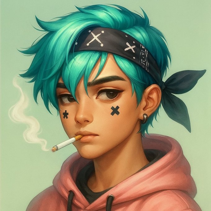 A digital illustration depicts a youth with teal hair wearing a black headband with X marks, a pink hoodie, and face decals, smoking a cigarette.